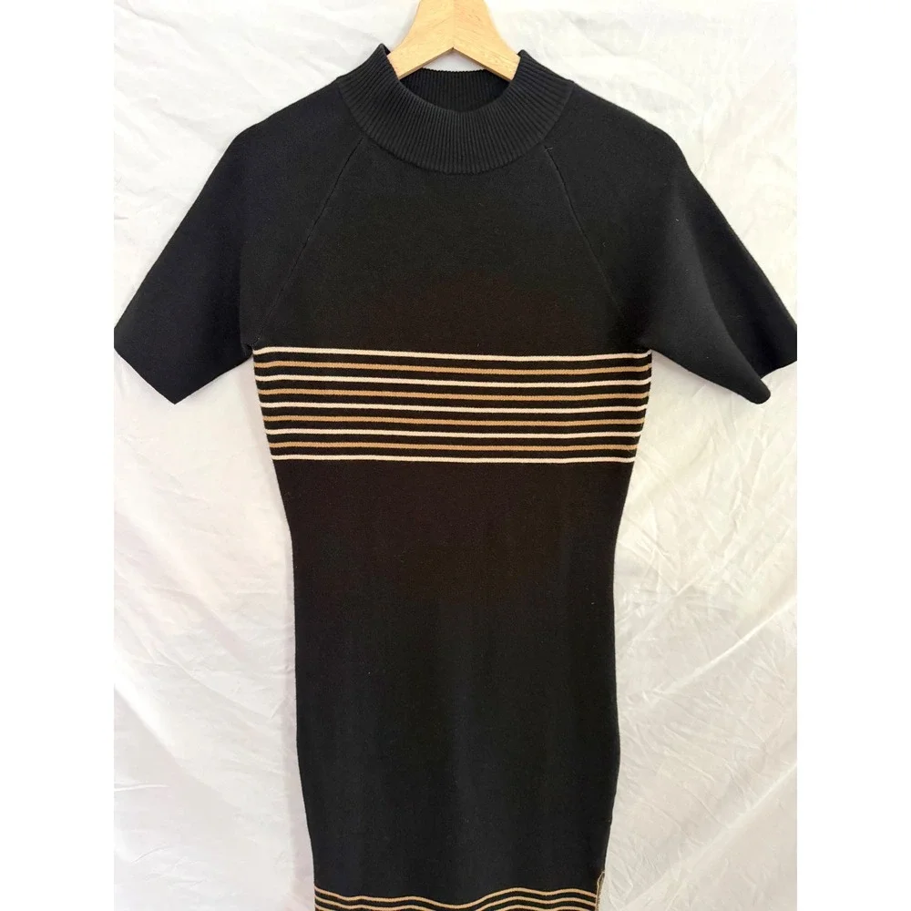 Monrow Knit Midi Dress Womens Black Tan Striped Mock Neck Short Sleeve Small - Picture 3 of 9